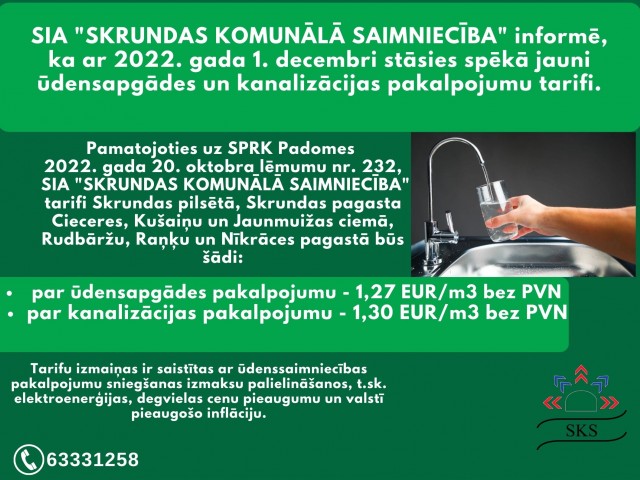 Ar 2022. gada 1. decembri Skrundā stāsies spēkā jauni ūdensapgādes un kanalizācijas pakalpojumu tarifi